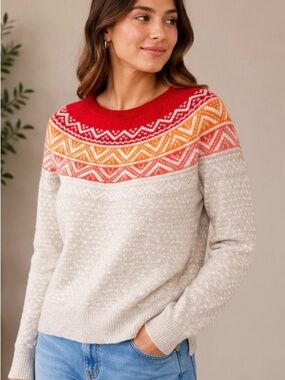 GAP Cream Sweater with Red, Orange & Coral Fair Isle Yoke